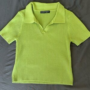 SHEIN Light Green Ribbed Collar Top
